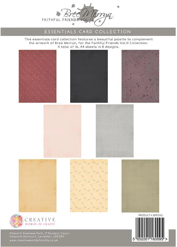 Collection of card samples with different textures and colors on a white background, featuring Bree Merryn branding.