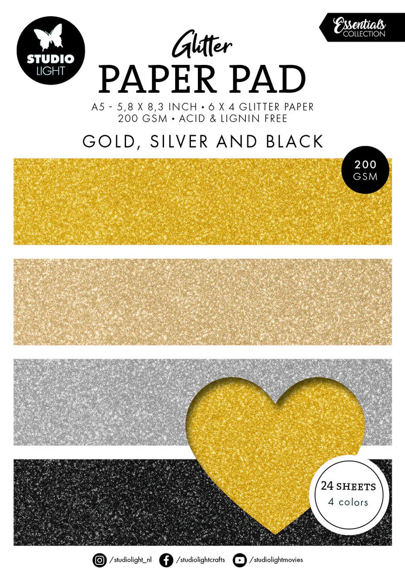 Studio Light Glitter Paper Pad Gold, Silver And Black Essentials - 24 Sheets