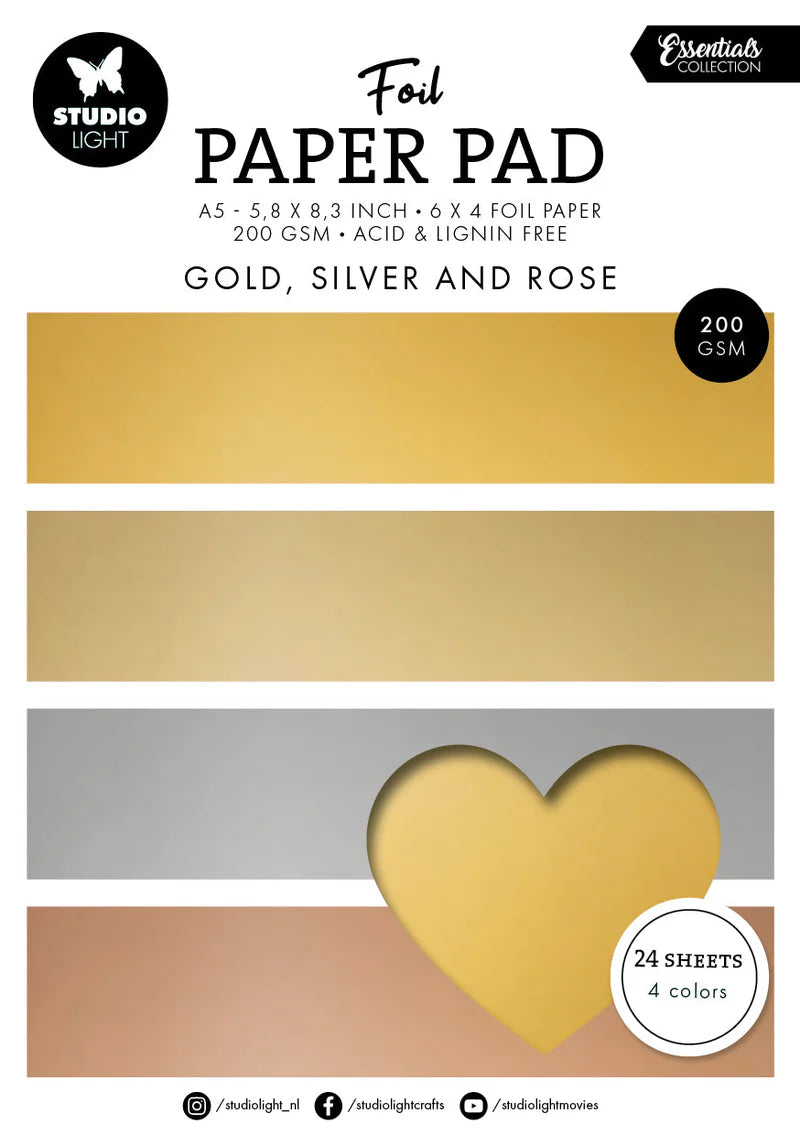 Studio Light Foil Paper Pad - Gold, Silver And Rose Essentials - 24 Sheets
