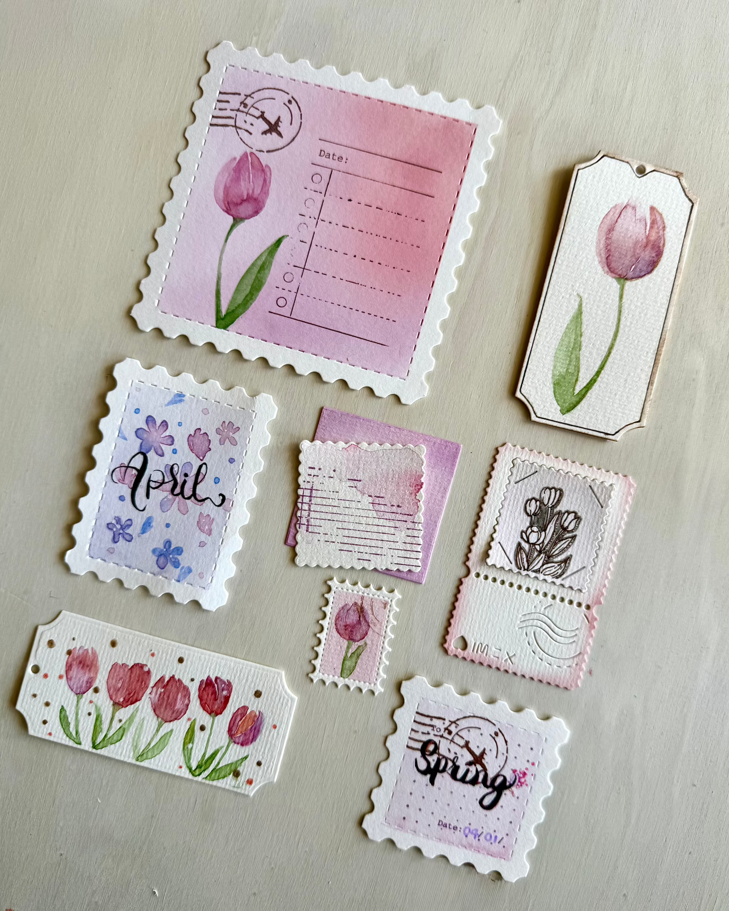 Watercolour Postage Stamps & Tags Set- Set of 9
