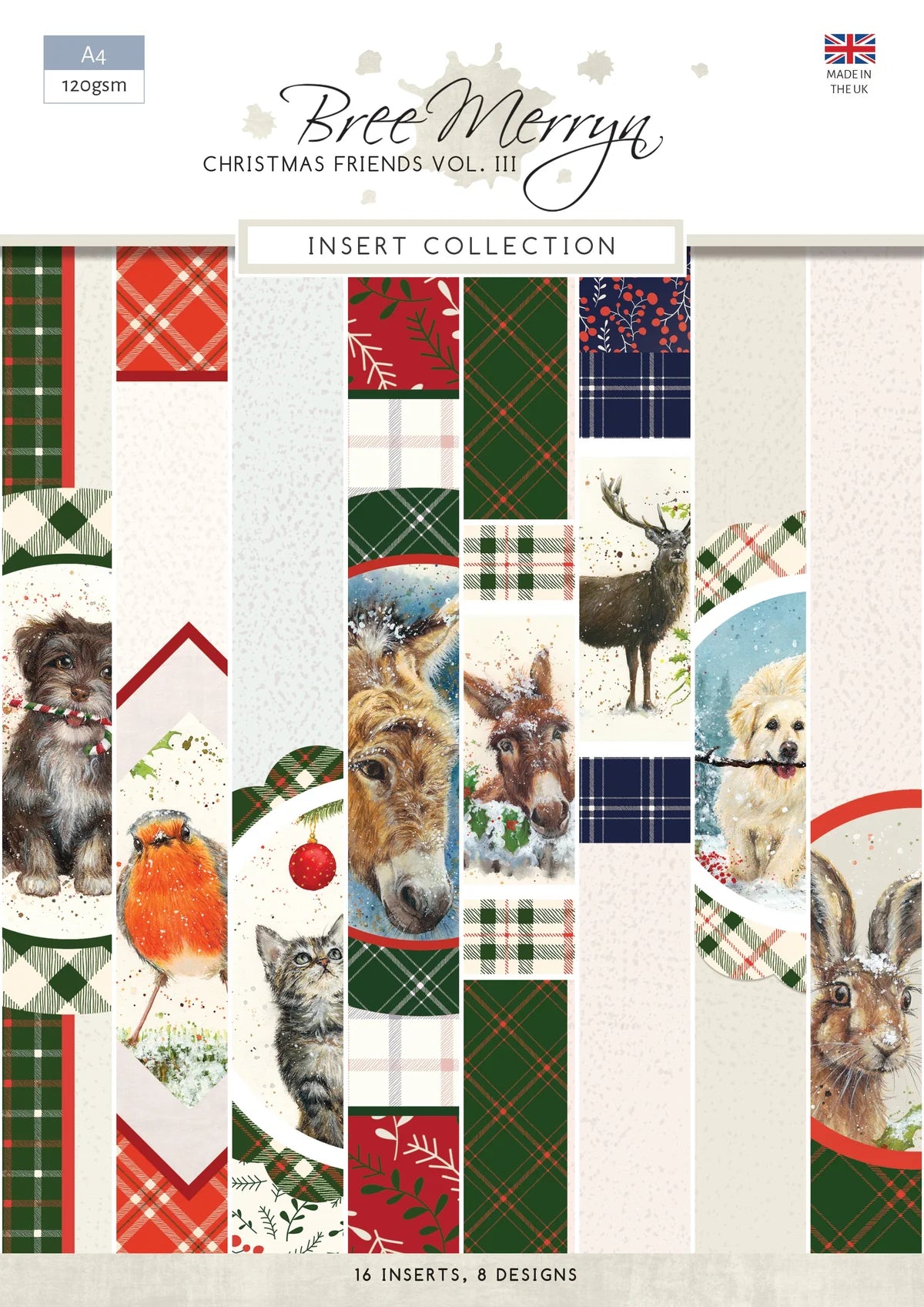 Collection of Christmas-themed fabric inserts with animals and plaid patterns, featuring the brand 'Bree Merryn'.