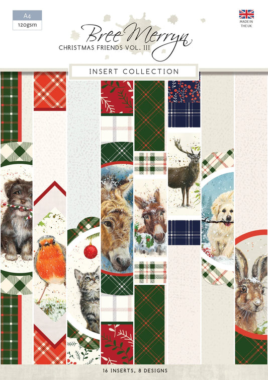 Collection of Christmas-themed fabric inserts with animals and plaid patterns, featuring the brand 'Bree Merryn'.
