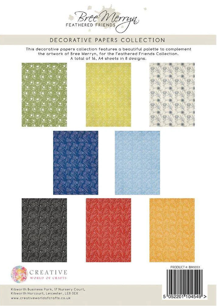 Decorative papers collection with various patterns and colors on a white background, featuring the brand 'Bee Merry'.