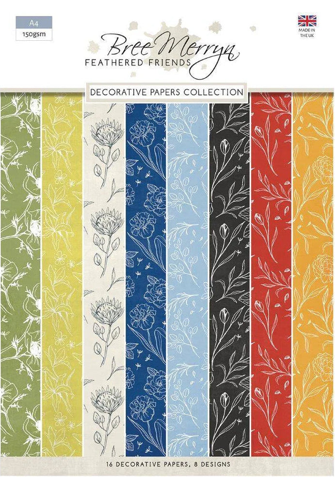 Packaging of Bree Merryn Feathered Friends decorative papers collection with various floral patterns.