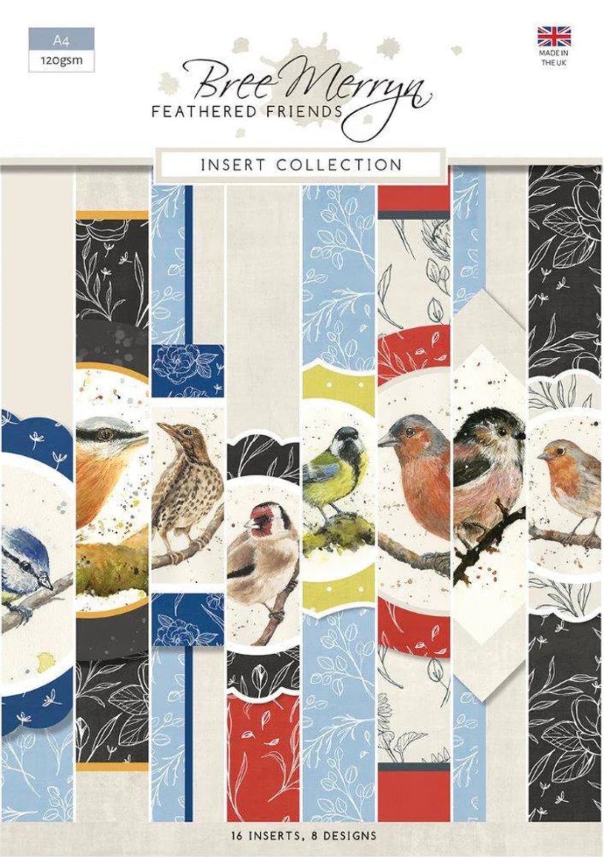 Packaging of Bree Merryn Feathered Friends insert collection with bird illustrations on a white background.