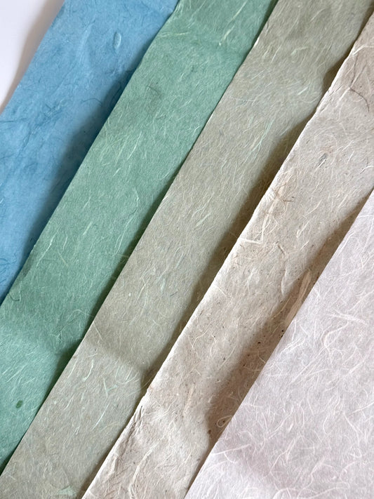 Premium Handmade Coloured Xuan Paper Sampler – Golden Mist Gampi Mulberry Mix (五色珍金雁楮清水)-10 Sheets
