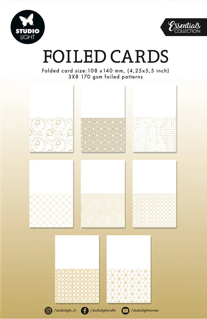 Pack of foiled cards with various patterns on a gold cardstock packaging.